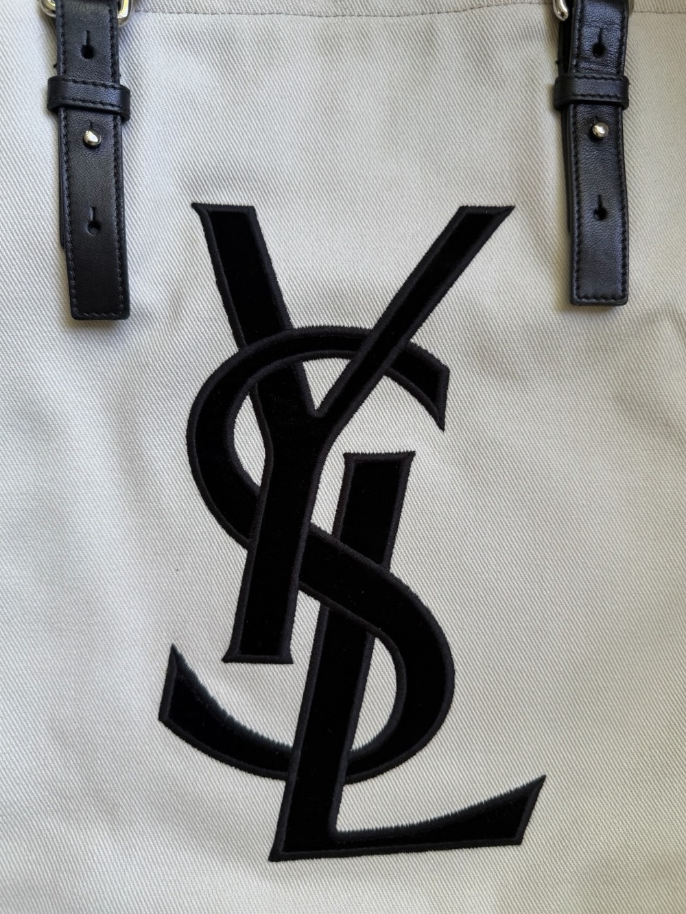 Saint Laurent Rive Gauche Canvas Tote Ivory Black Velvet YSL Logo - Picture 5 of 9